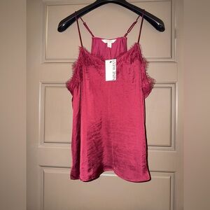 Nine West Burgundy Satin Lace-Trim Cami with Adjustable Straps